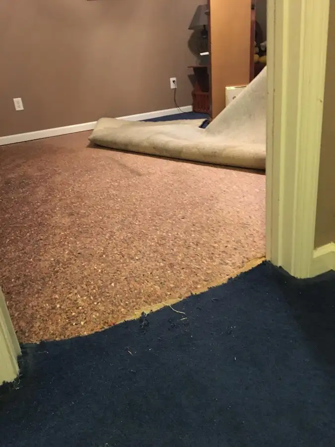 Carpet pad removal revealing water damage during Drying & Dehumidification in Winterville